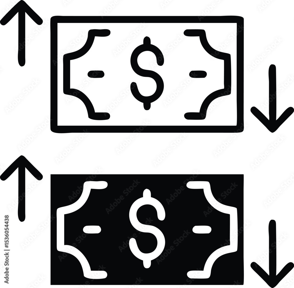 Poster minimalist money flow icon – line art dollar bill with up and down arrows in vector style