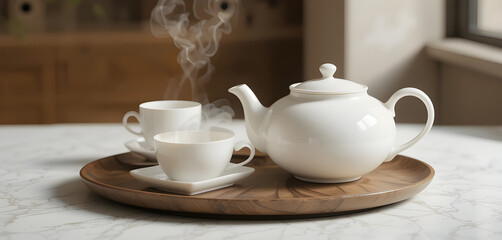 Fototapeta premium Elegant tea service featuring white teapot cups and delicate steam