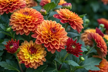 Autumn Chrysanthemum Cluster in Fiery Hues &ndash; Rich Orange, Red, and Yellow Blooms with Lush Green Foliage
