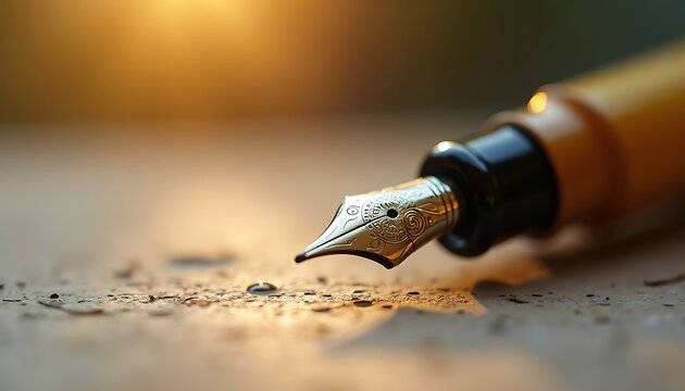 Close-up of silver fountain pen nib on textured surface with warm light - Powered by Adobe