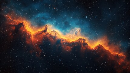 Fototapeta premium Celestial nebula, vibrant orange and blue cosmic clouds, scattered stars, deep space.
