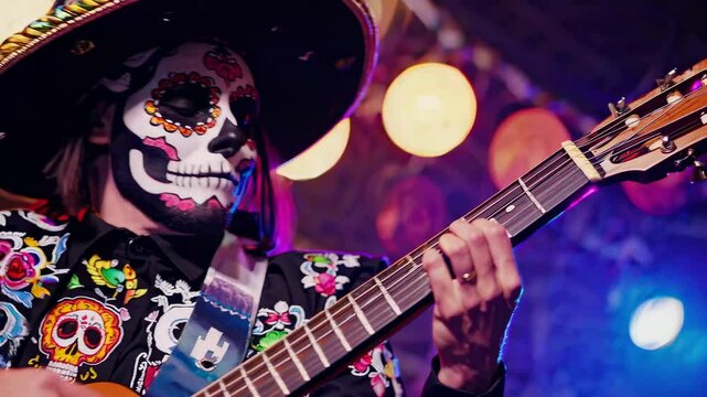 Close-up, vibrant video of a musician in colorful Day of the Dead attire, playing guitar, with dramatic lighting and a low-angle perspective.