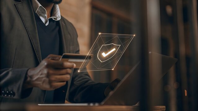 Secure Online Payment Transaction Process concept. Businessman confirming secure online payment using credit card through digital interface with verification tick symbol. Internet banking, fintech,