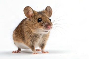 Close up of a brown mouse standing on a white background pose