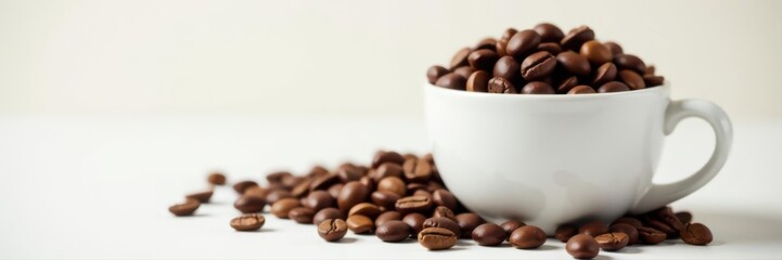 White cup overflowing with coffee beans, clean background, beans, stock
