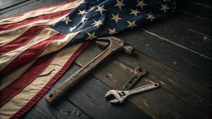 Aged american flag draped with vintage hammer and wrenches on dark wood