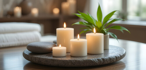 Serene spa ambiance featuring candles,green plant,and stones on wooden surface