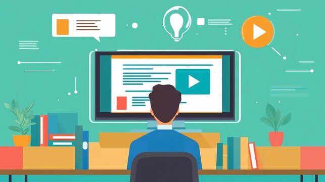 Online learning and education concept with person watching video tutorial