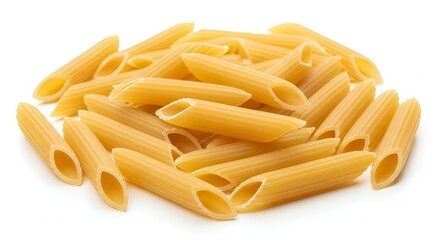 Pile of uncooked penne pasta isolated on a white background