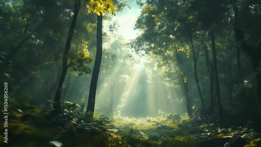 Poster sunlight filtering through trees in a dense green forest illuminating the ground with magical light