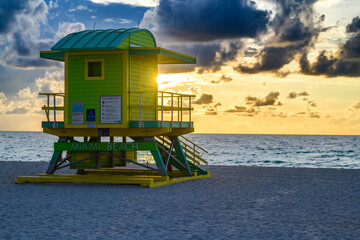 Miami Beach Lifeguard Stand in the Florida sunshine. Lifeguard tower in South beach, Miami Beach in...