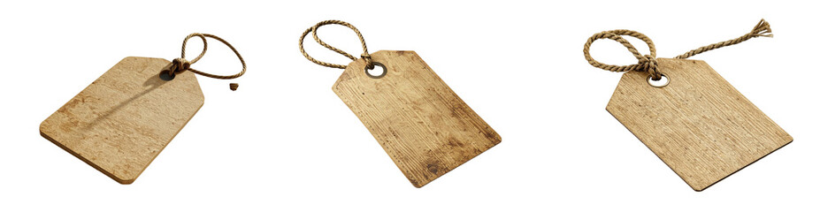 Close Up Of Three Brown Paper Tags With String On Transparent Background Soft Lighting