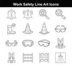 Work Safety Line Art Icons – Minimalist Vector Set of PPE, Emergency Signs, and Hazard Symbols