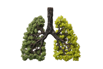 A 3D rendering depicts lungs formed from trees; one lung is vibrant green, the other shows signs of decay, symbolizing environmental impact on respiratory health