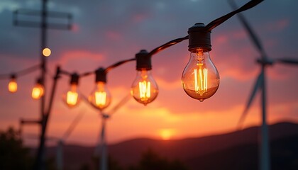 Close-up of vintage Edison light bulb string against sunset with wind turbines
