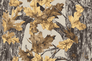 A camouflage pattern made of brown and green leaves on the branches, in an illustration style with a flat background. Real Tree Camouflage pattern for military and outdoor activities.