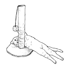 Obraz premium Hand drawn sketch of playing cat. Cat with scratching post isolated on white background.