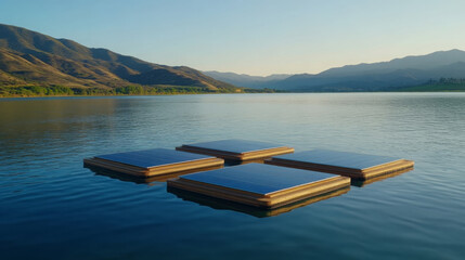 Obraz premium Floating solar panels on calm lake with mountain background, renewable energy, peaceful scene