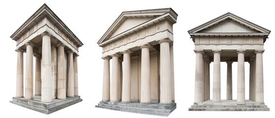 Obraz premium Classical Stone Buildings with Columns on a Transparent Background Showcasing Architectural Design and Historical Details