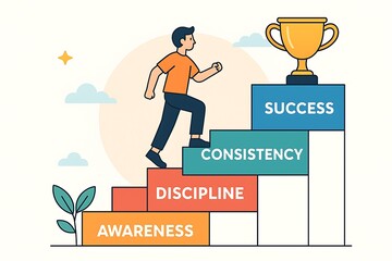 A flat illustration of a personal growth staircase: “Awareness” at the bottom step, followed by “Discipline”, “Consistency”, and “Success” at the top. Generative AI