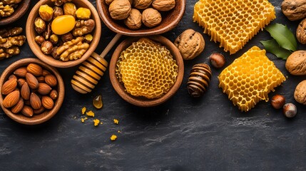 Fototapeta premium Assorted nuts, honeycombs, and honey drizzled on a dark surface.
