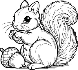 Coloring book Squirrel holding an acorn on white background printable outline vector illustration