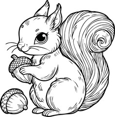 Coloring book Squirrel holding an acorn on white background printable outline vector illustration