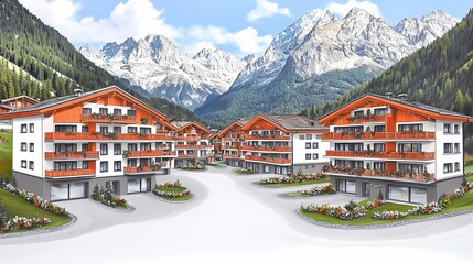 Naklejka premium Mountain chalet apartment complex in a picturesque alpine setting.