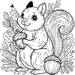 Coloring book Squirrel holding an acorn on white background printable outline vector illustration