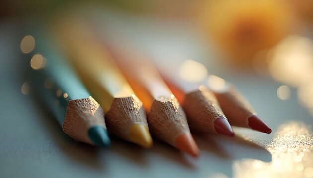 Close-up photo of five sharpened colored pencils lined up on a surface