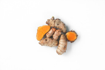 Tubers of the Curcuma zanthorrhiza or temulawak plant arranged on a white background