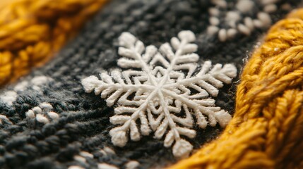 Close-up of a textured snowflake design on knitted fabric.