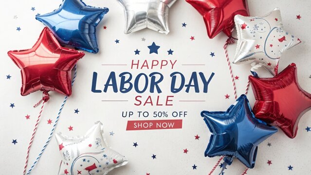 Happy labor day sale advertisement with red white and blue star balloons