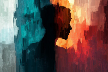 Abstract silhouette art with bold red and blue contrast, symbolizing emotion, duality, and thought.
