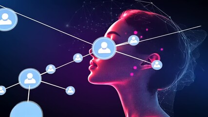 Futuristic digital connection concept illustrating a woman's profile with network nodes and user icons - Powered by Adobe