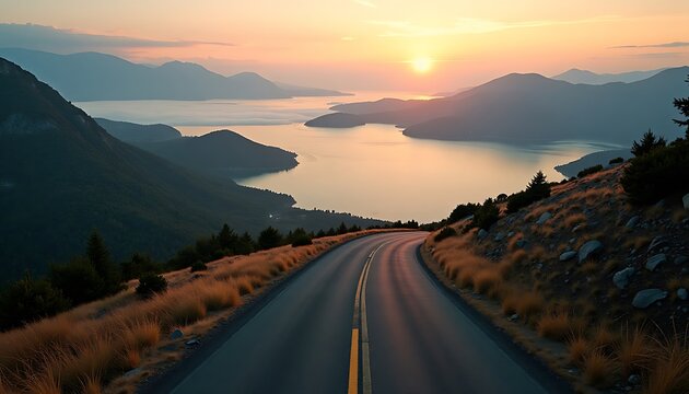 Curving mountain road overlooking lake and islands during sunset with soft light - Powered by Adobe