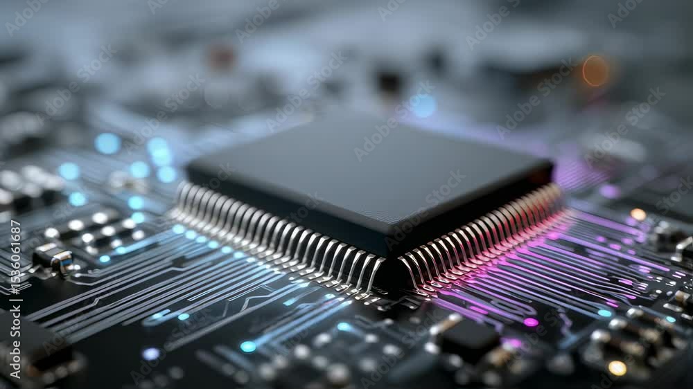 Poster futuristic electronic circuit board with processor, interconnected pathways, neural network for high