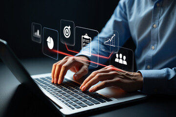 Businessman Analyzing Data and Progress on Laptop with Holographic Interface