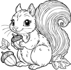 Coloring book Squirrel holding an acorn on white background printable outline vector illustration