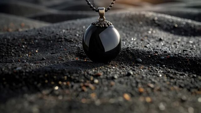 Close-up of a spherical black obsidian pendant with antique golden bail resting on coarse black volcanic sand under sunlight