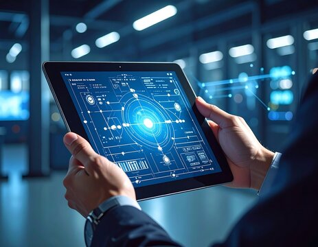 Businessperson holding tablet with digital interface