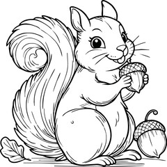 Coloring book Squirrel holding an acorn on white background printable outline vector illustration