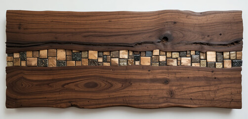 A wooden panel with embedded stone, and brass tile inlays