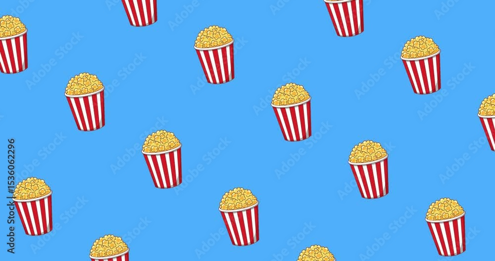 Poster continuously looping video animation featuring multiple illustrations of a bucket full of popcorn mo