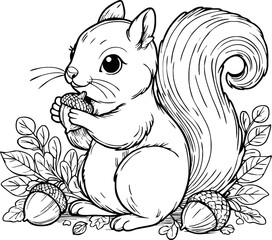Coloring book Squirrel holding an acorn on white background printable outline vector illustration