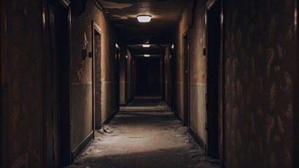 a dark, eerie motel hallway at night, dimly lit by flickering overhead lights
