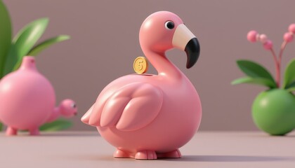 cute chubby flamingo shaped coin bank, fully designed as a cartoon flamingo, round plump body like a saving bank, no pig features, no pig nose, with clearly visible coin slot on top of the back