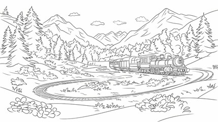 Fototapeta premium A steam train travels through a mountain landscape.
