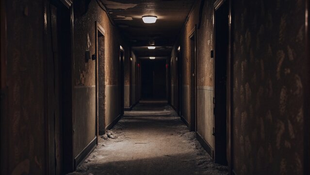 a dark, eerie motel hallway at night, dimly lit by flickering overhead lights
