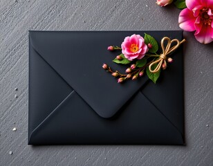 high quality, elegant black envelope adorned with floral embellishment and twine on the right side, ideal for luxury gift or invitation packaging